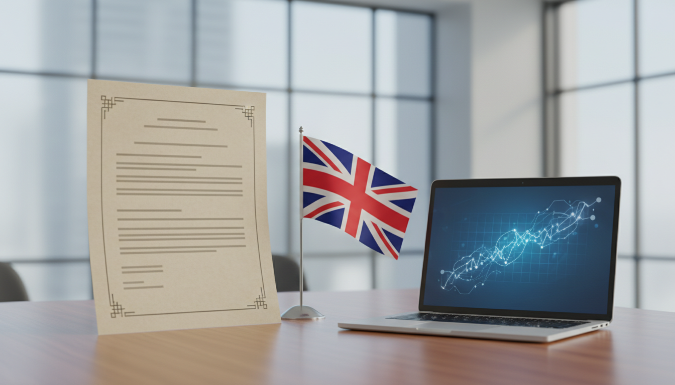 UK work visa sponsorship documents and British flag