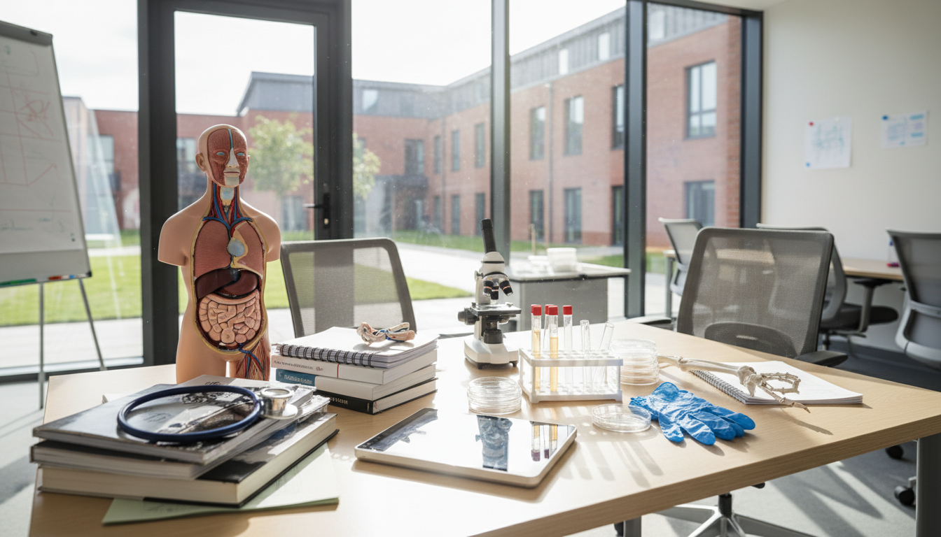 Stethoscope and medical training materials representing UK healthcare careers