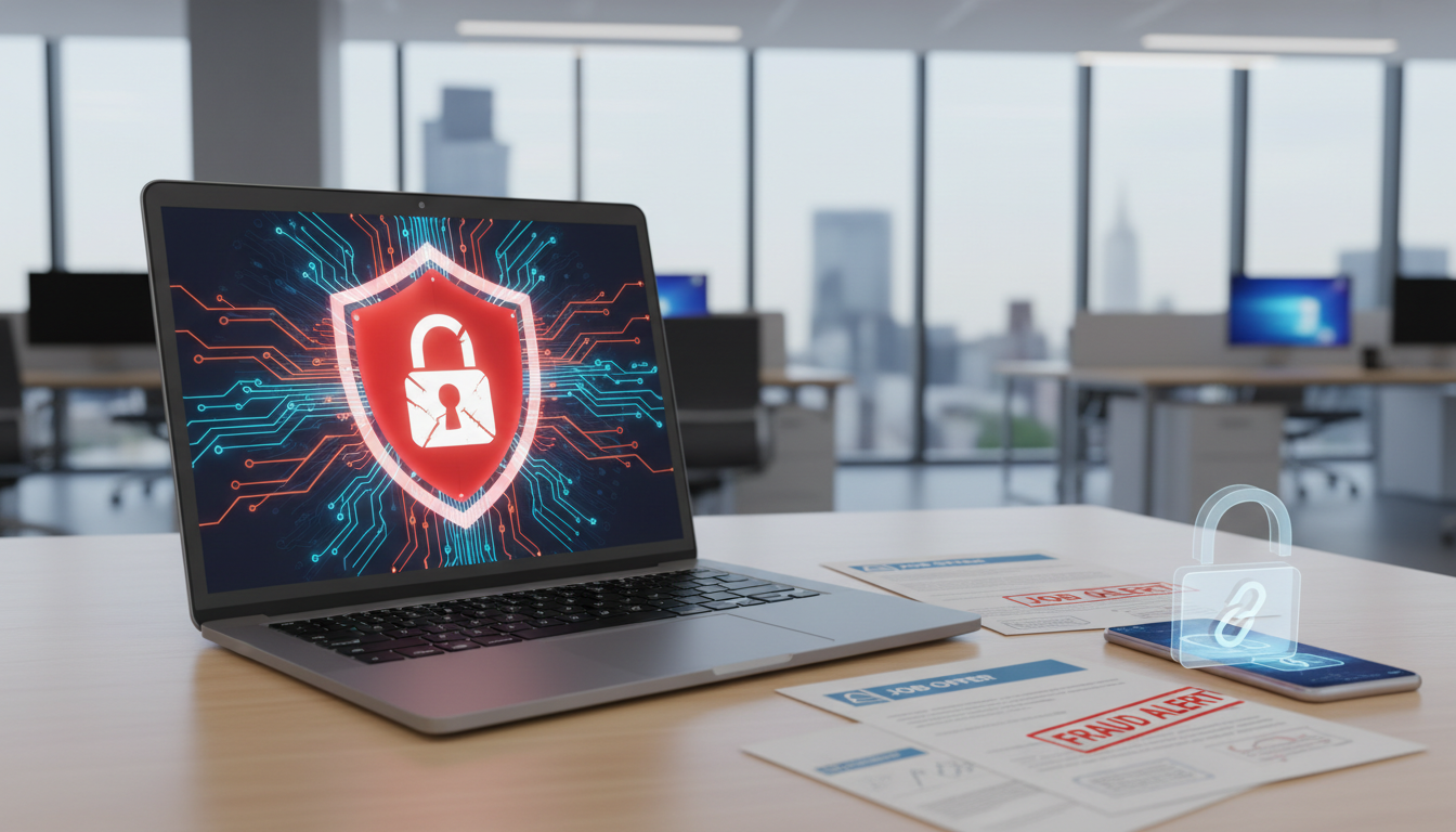 Laptop with warning icon representing recruitment scam prevention