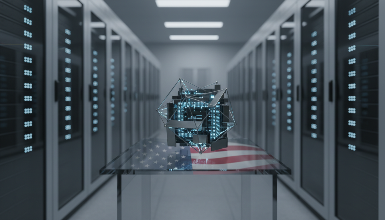 Editorial illustration of government cybersecurity servers and an AI chip; not an official DHS photograph