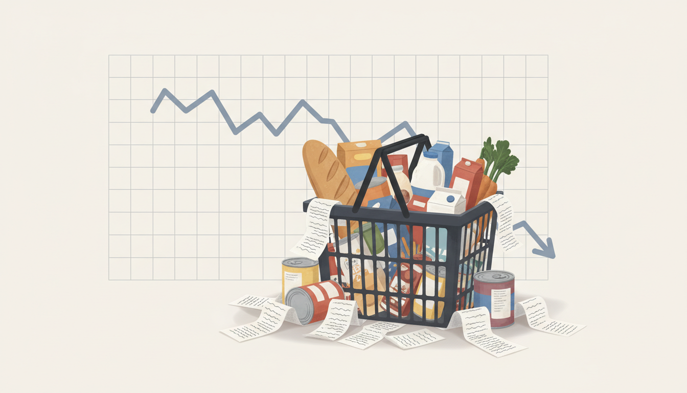 Illustration of a grocery basket, household bills and a downward economic trend