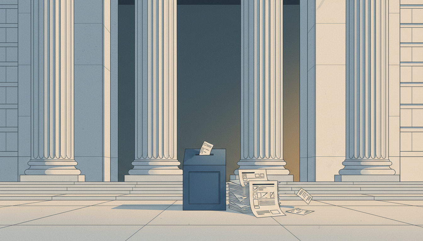 Illustration of courthouse columns, voter registration paperwork and a ballot box