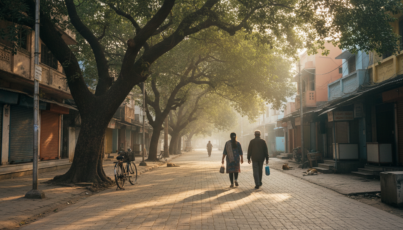 People walking on a sunlit tree-lined footpath in an Indian neighbourhood in the early morning