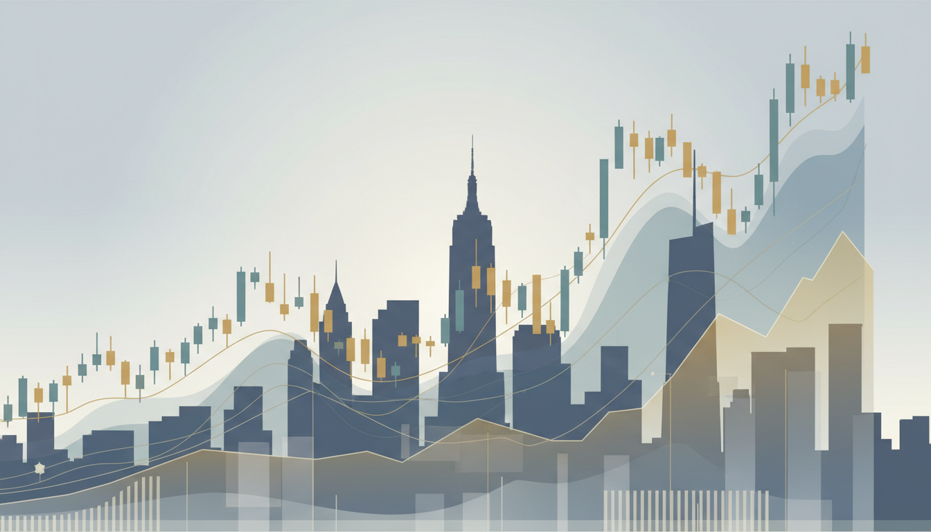 Illustration of financial market charts and the New York skyline