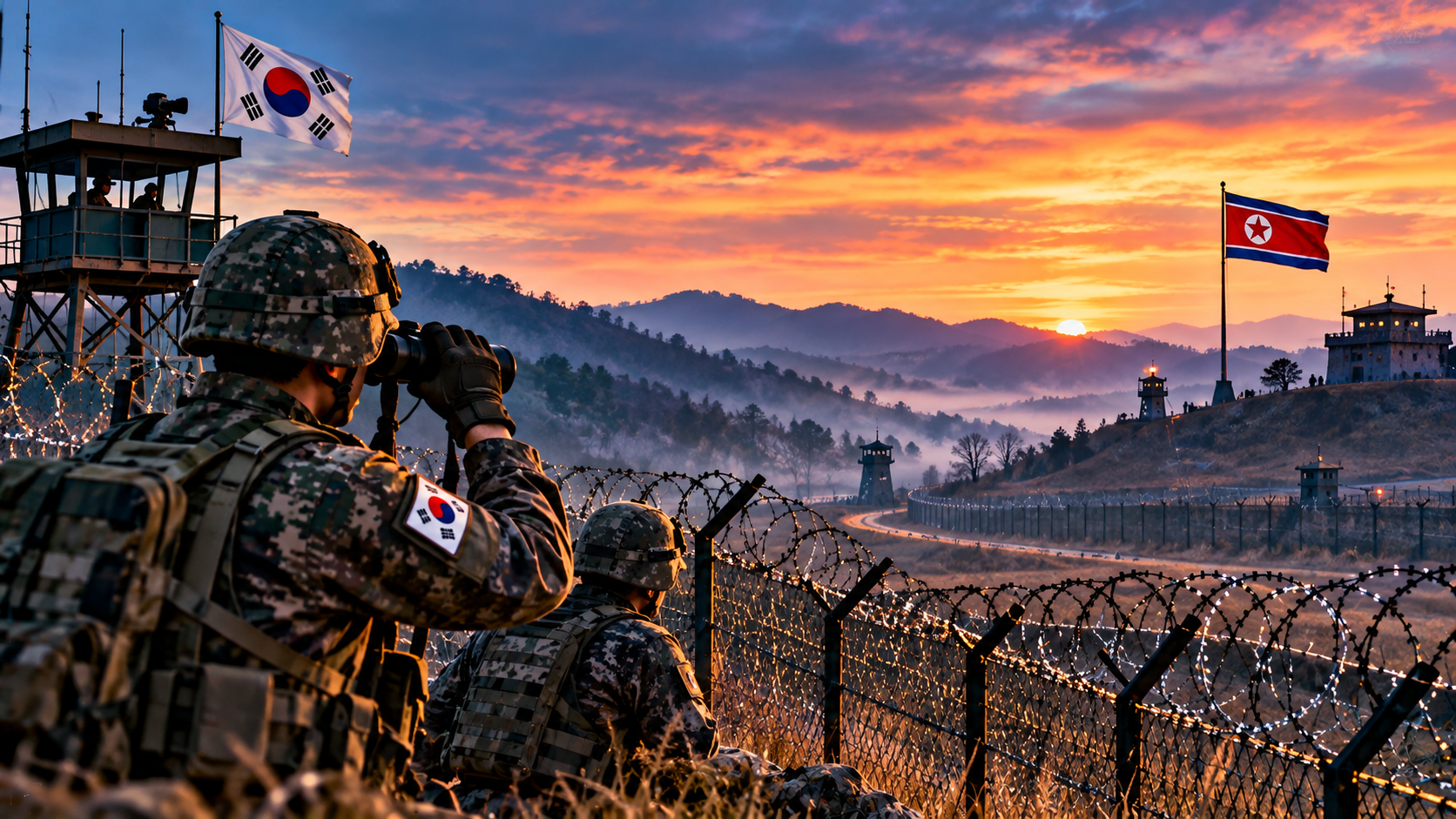 Editorial illustration of South Korean soldiers observing a fortified border with North Korea across the DMZ at sunset