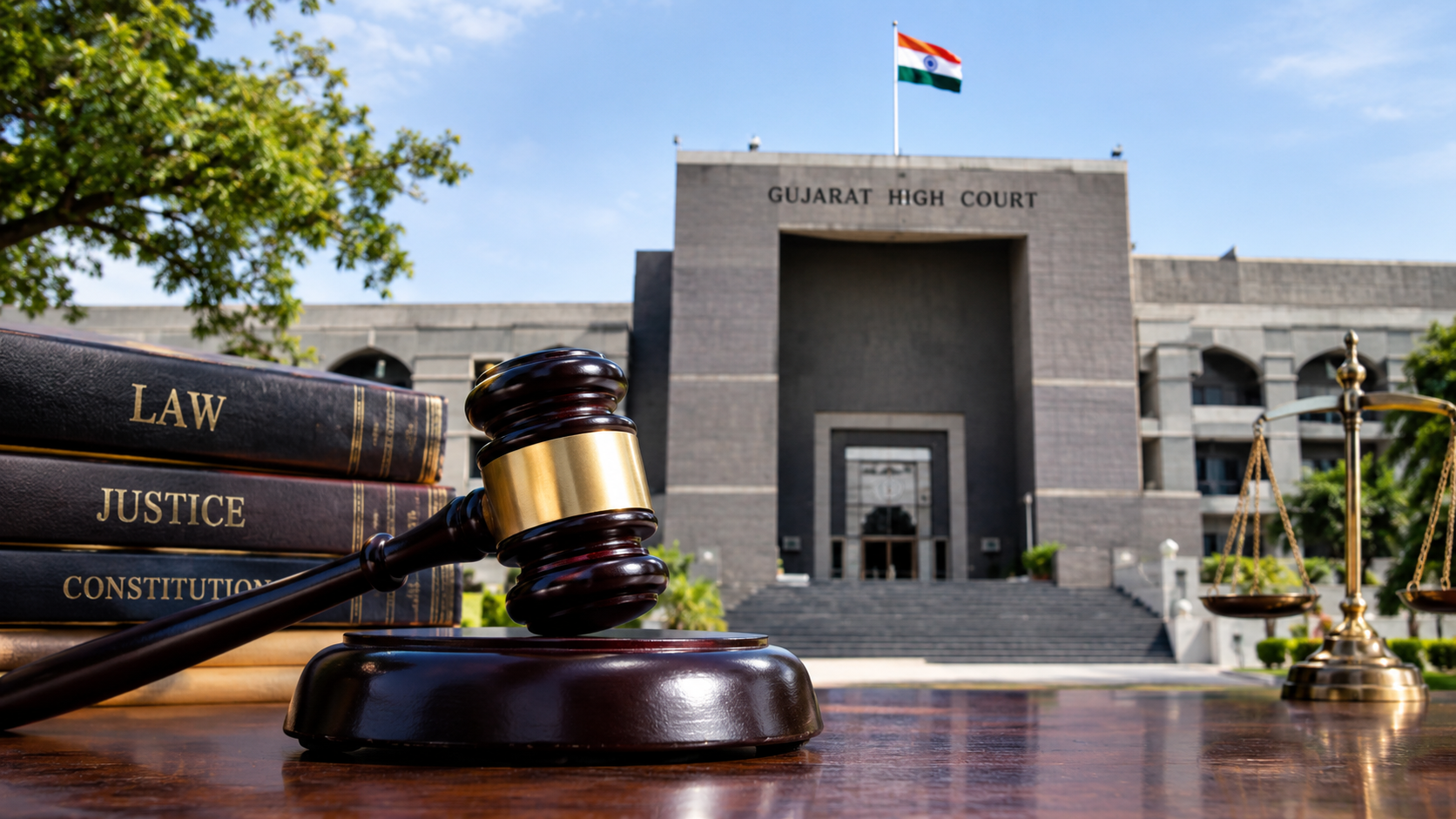 Gujarat High Court building with legal books, a judge's gavel and scales of justice
