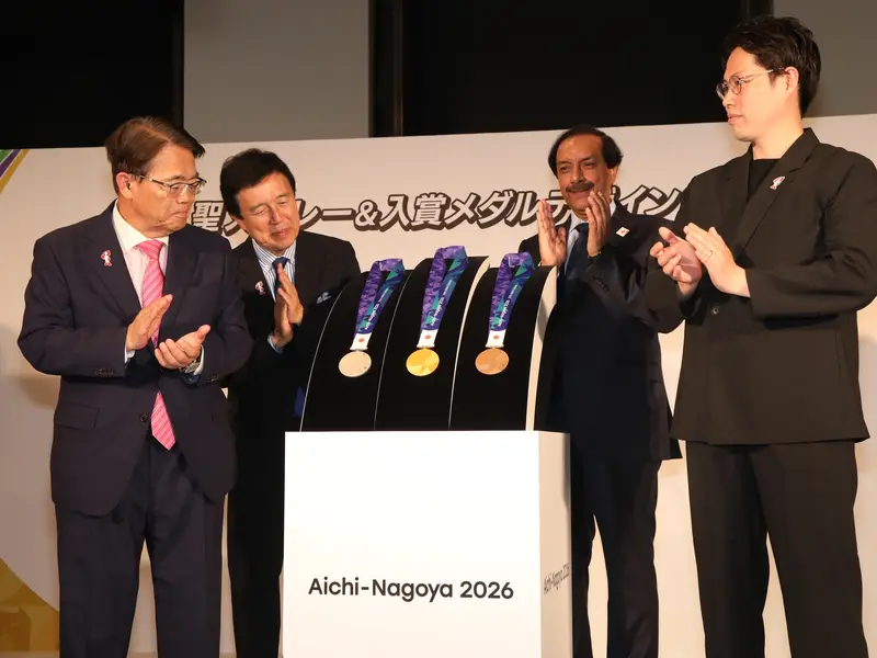 Aichi-Nagoya 2026 Asian Games medal design displayed at an official ceremony