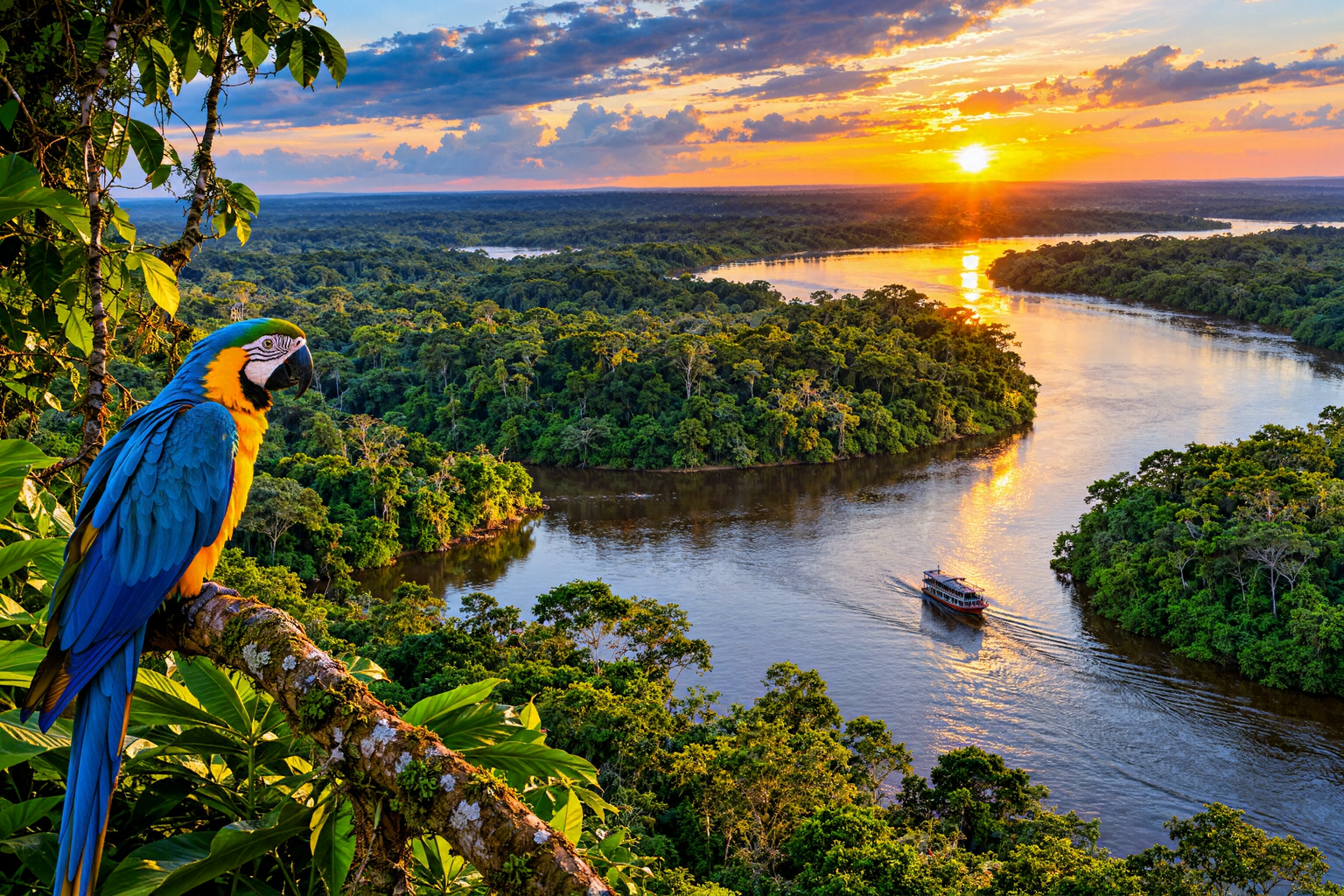 Illustration of an Amazon rainforest river, tropical canopy and macaw at sunset