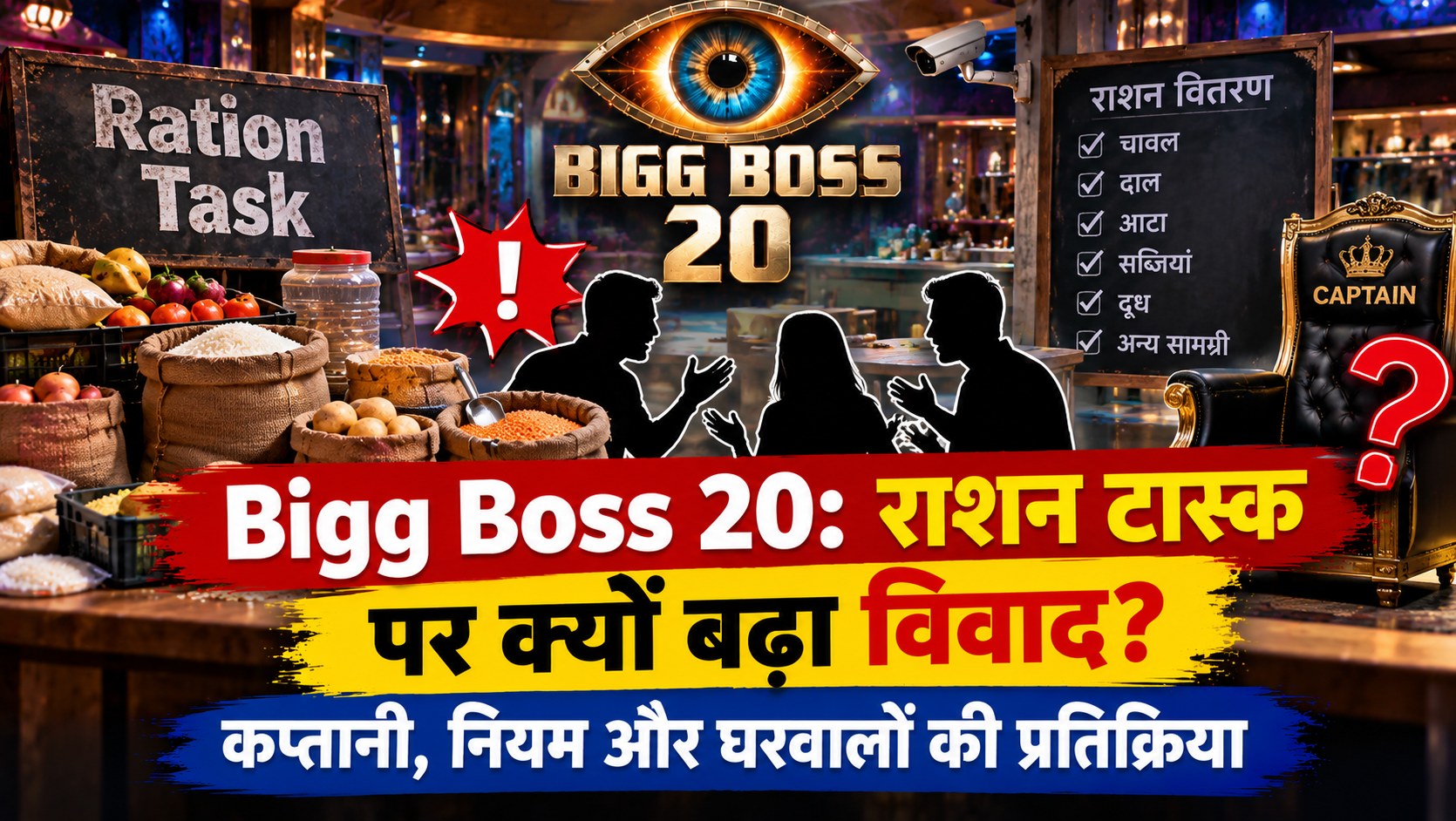 Bigg Boss 20 राशन टास्क, राशन सामग्री और कप्तानी विवाद का प्रतीकात्मक AI चित्र