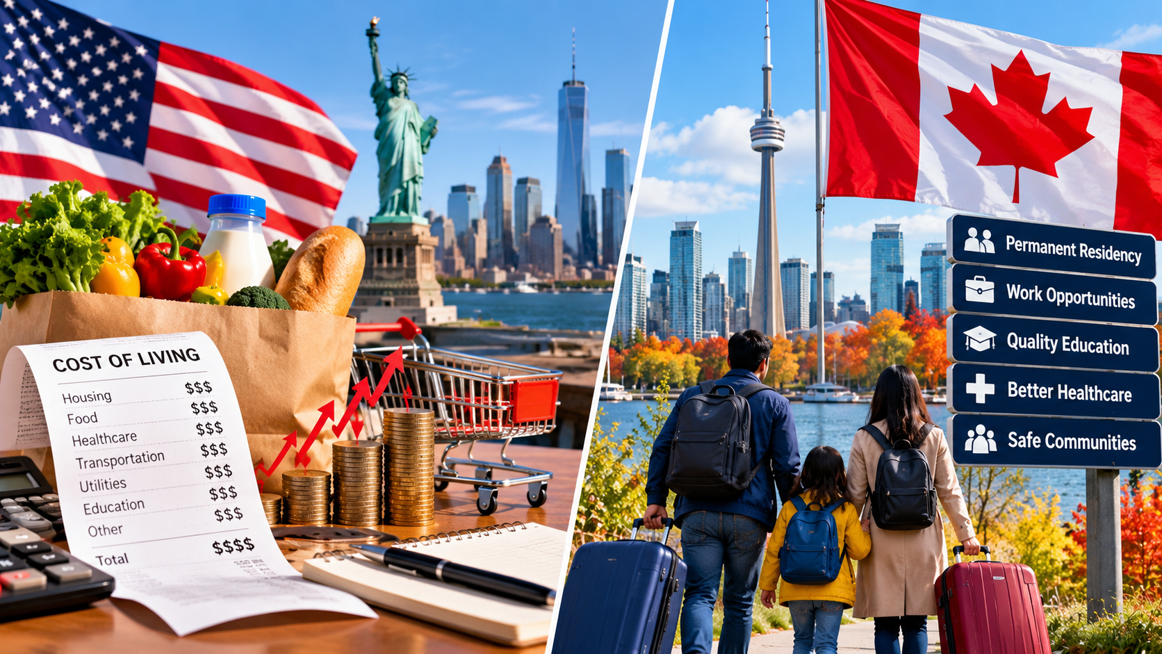 Illustrative split composition showing a family with luggage in front of a Canadian skyline and flag