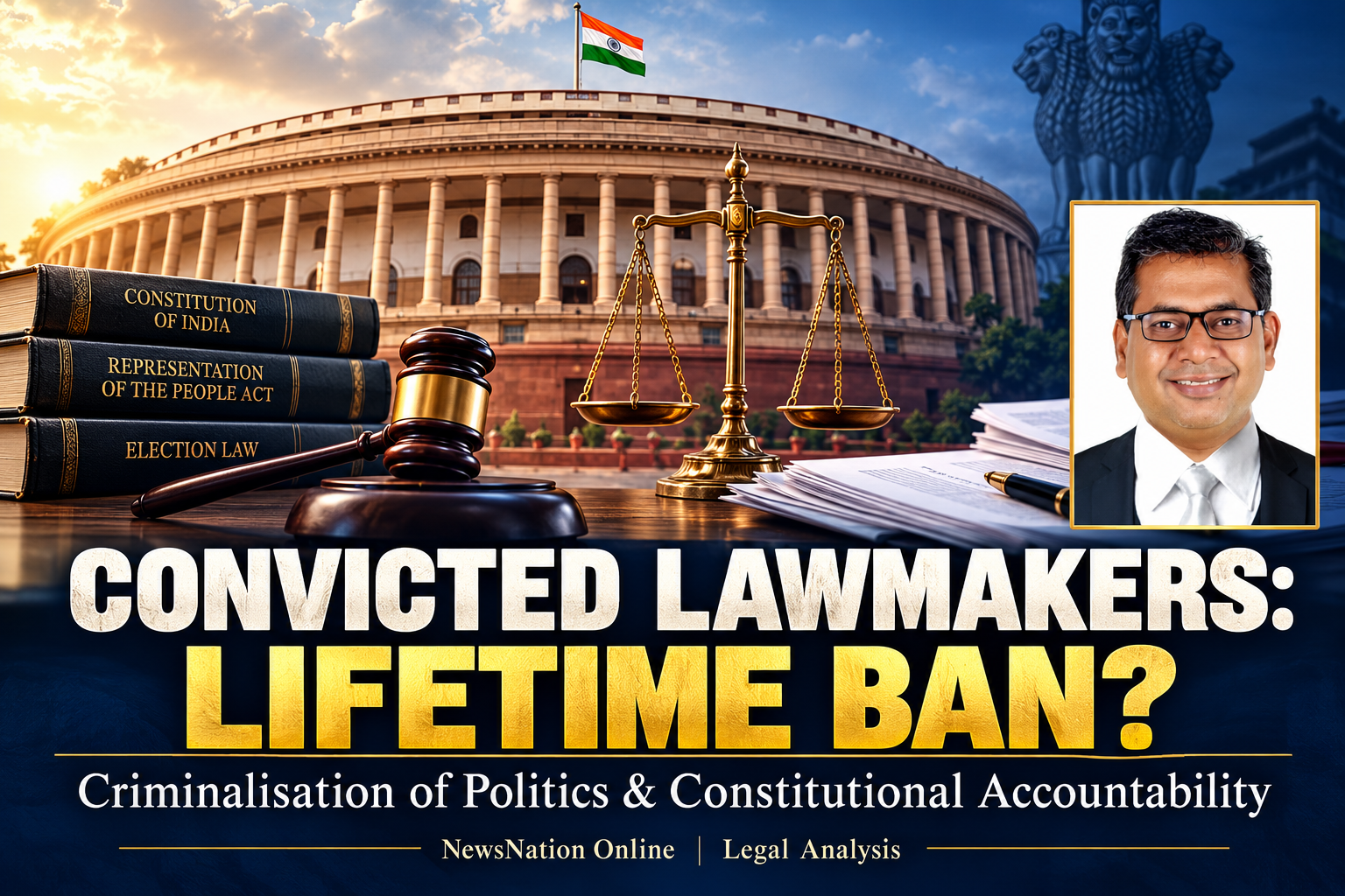 Convicted Lawmakers Lifetime Ban - Legal Analysis - NewsNation Online Parliament, scales of justice and Advocate Mahesh Dhannawat on political corruption