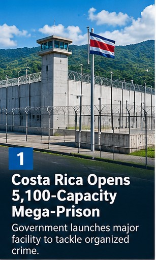 Illustrative graphic of a high-security prison with Costa Rican flag, not a documentary photograph