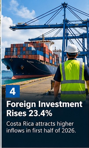 Costa Rica port and foreign investment illustration; AI-generated editorial graphic, not a documentary photograph