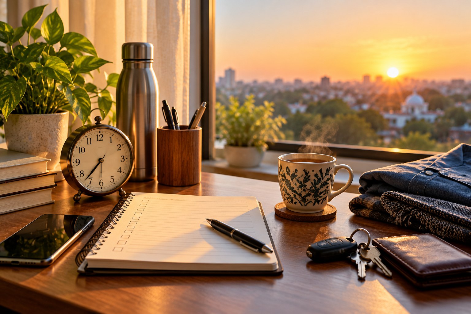 Organized morning desk with notebook, keys, clock, water bottle and tea in warm sunrise light