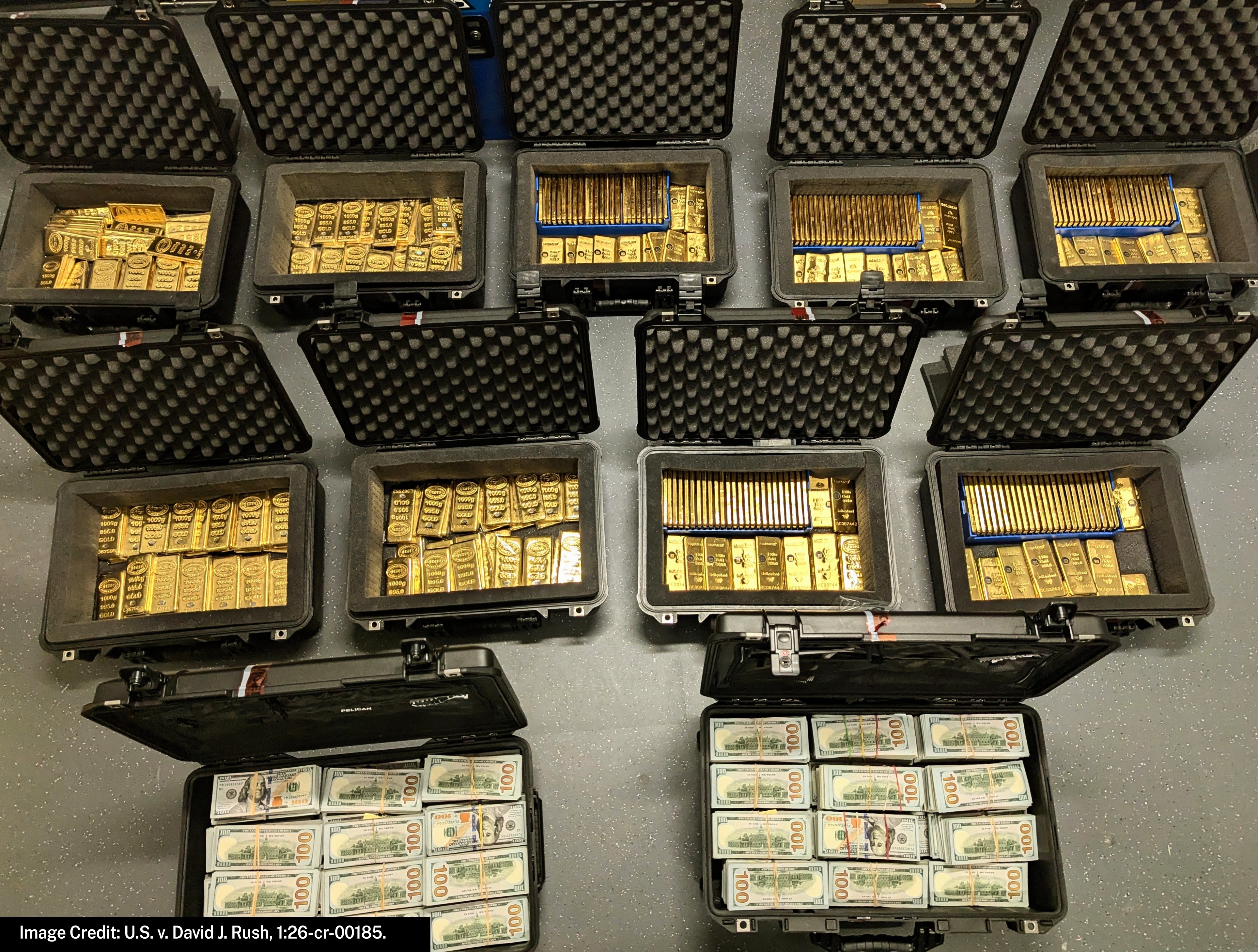 Gold bars and cash recovered during the federal investigation of David Rush