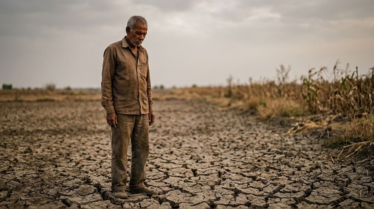 Drought Farmer Maharashtra - NewsNation Online Elderly man stands on cracked, dry earth in a drought-affected field, looking down thoughtfully.