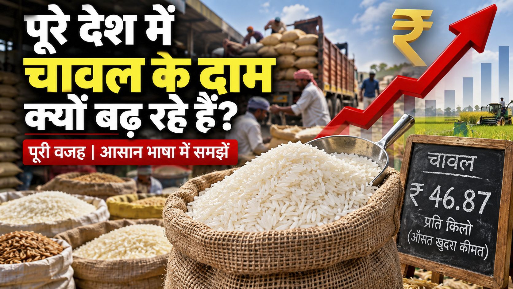 Market scene with rice sacks and price board illustrating rising food prices in India (Hindi thumbnail)