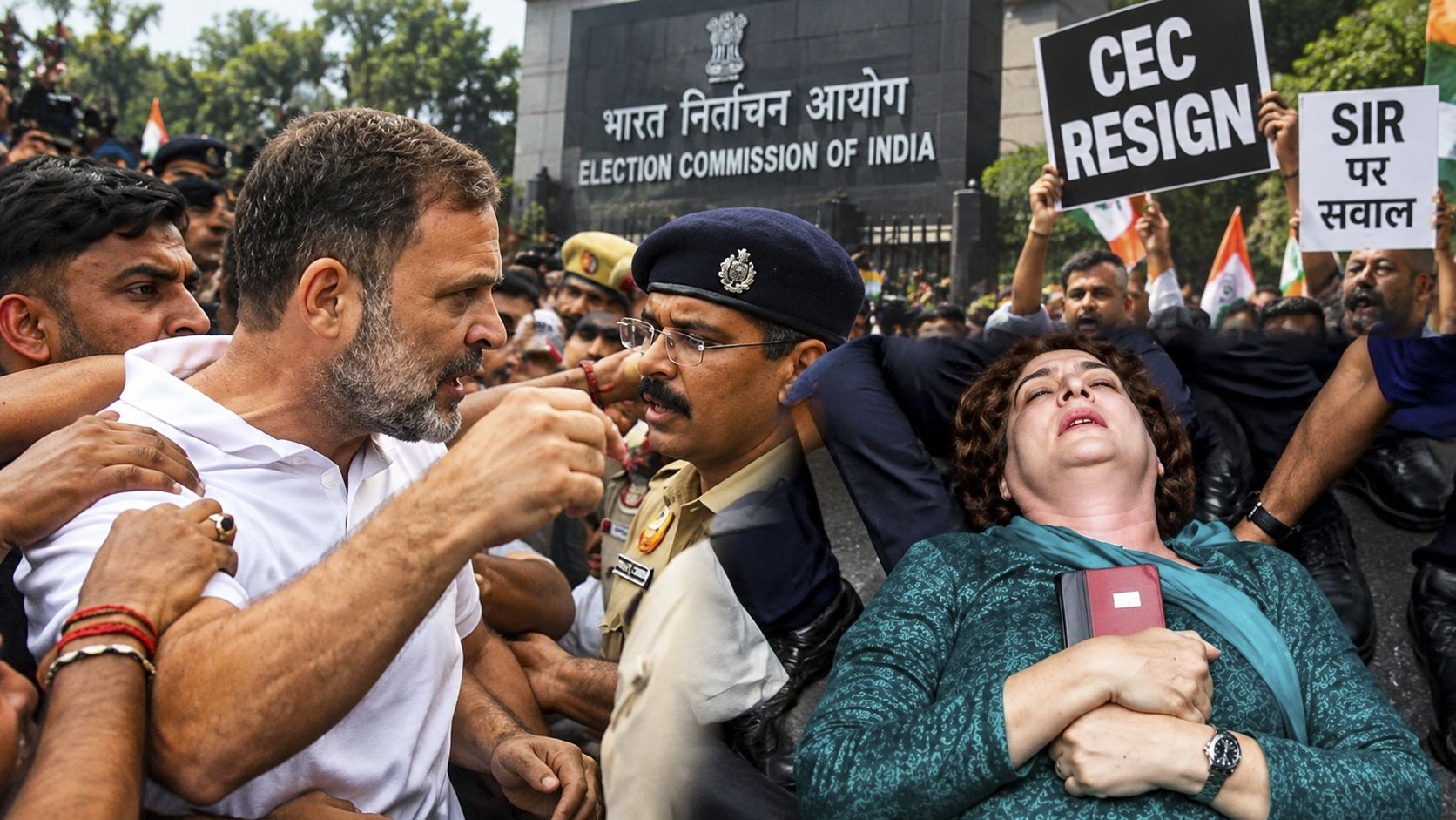 Protest outside the Election Commission of India with signs reading 'CEC RESIGN'; a tense confrontation between demonstrators and police near the building.