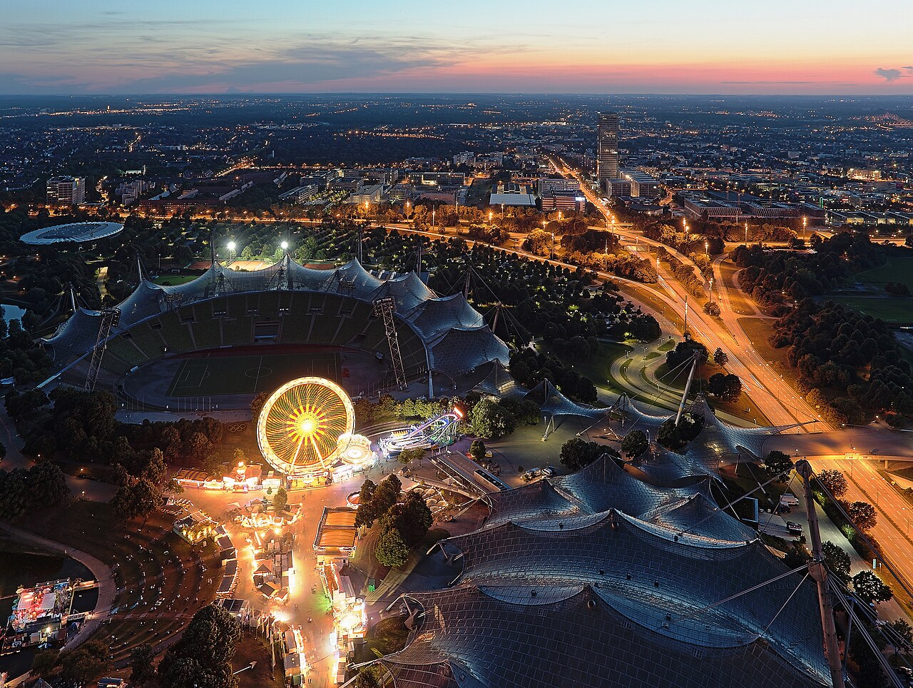 Olympiastadion at dusk, archival stadium photograph; not a Roma–Real Madrid match photograph.