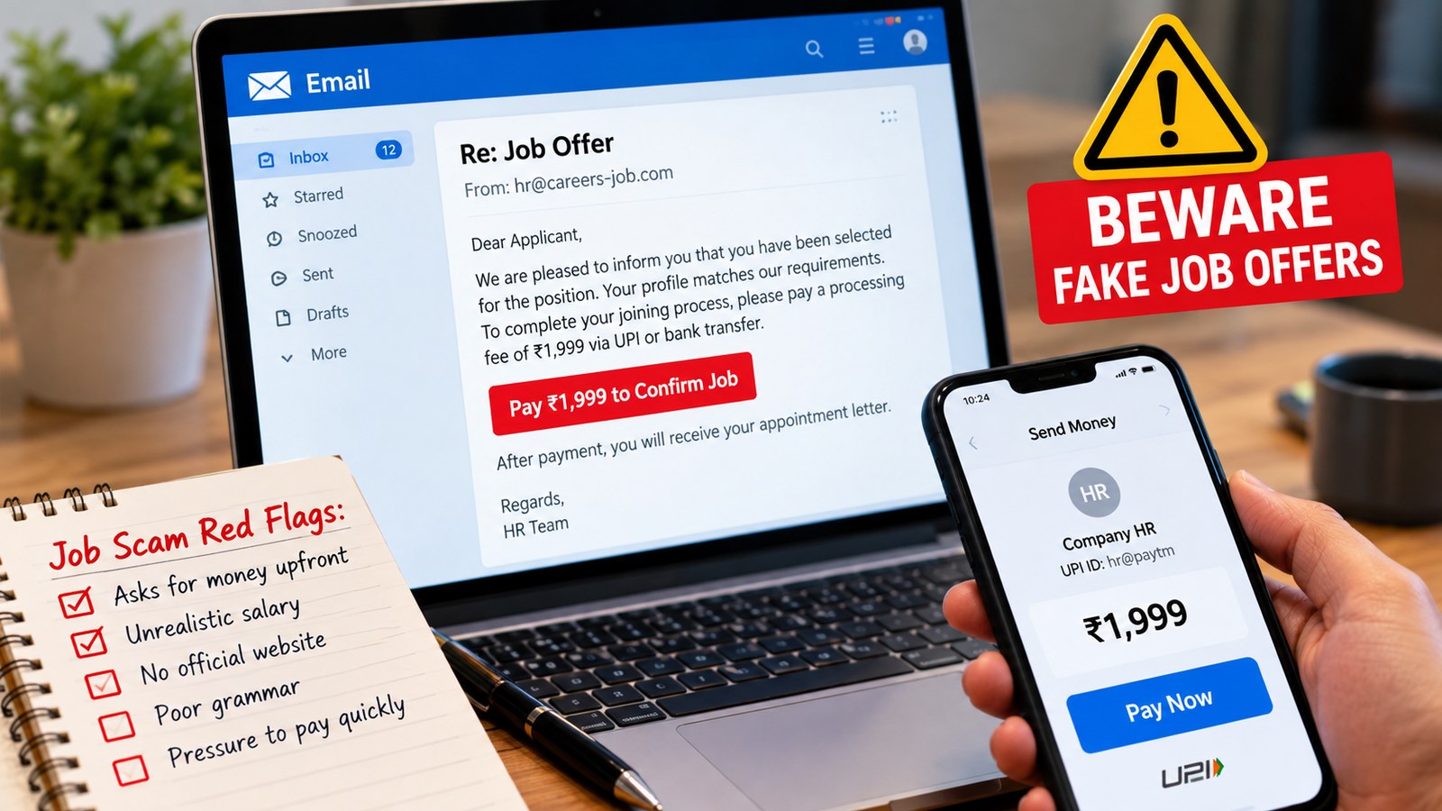Warning: A laptop screen shows a fake job offer email, with a bold 'Pay ₹1,999' button and a 'BEWARE FAKE JOB OFFERS' sign nearby.