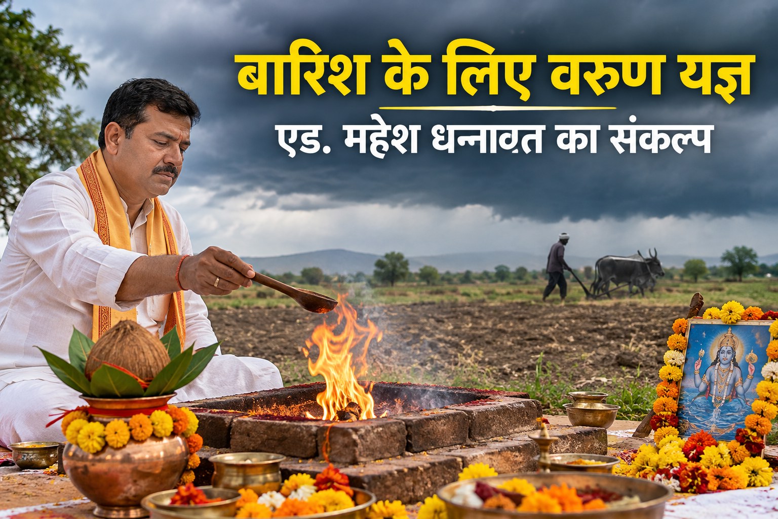 featured-featured-1 - NewsNation Online Hindi title about 'बारिश के लिए वरुण यज्ञ' appears above; a man in white performing a rain ritual by a sacred fire, with floral offerings and a framed deity image, while a farmer with a bull plows a field under dark storm clouds in the background.