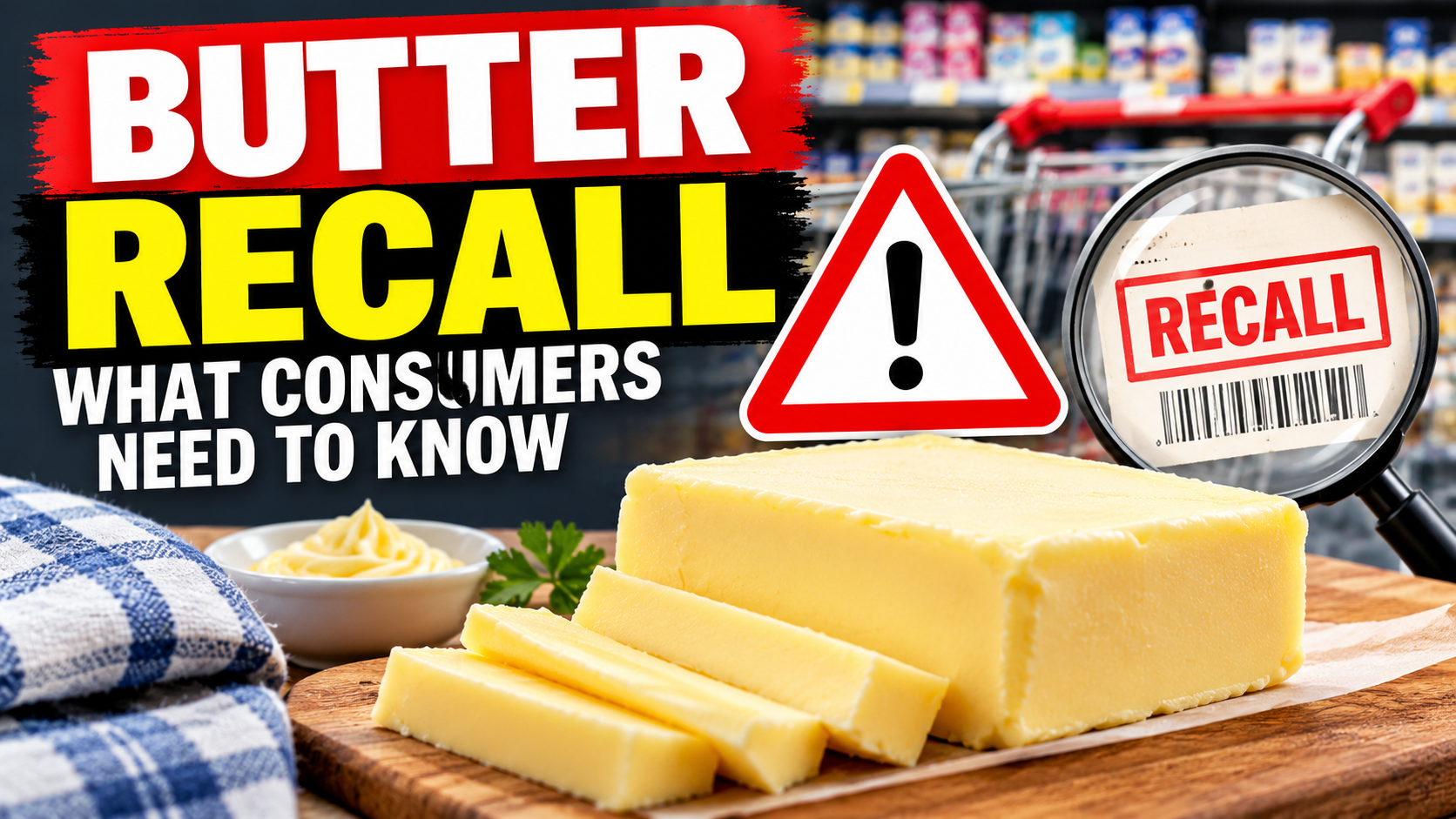 Illustration of butter with a recall warning and consumer safety message; not a photograph of the recalled product