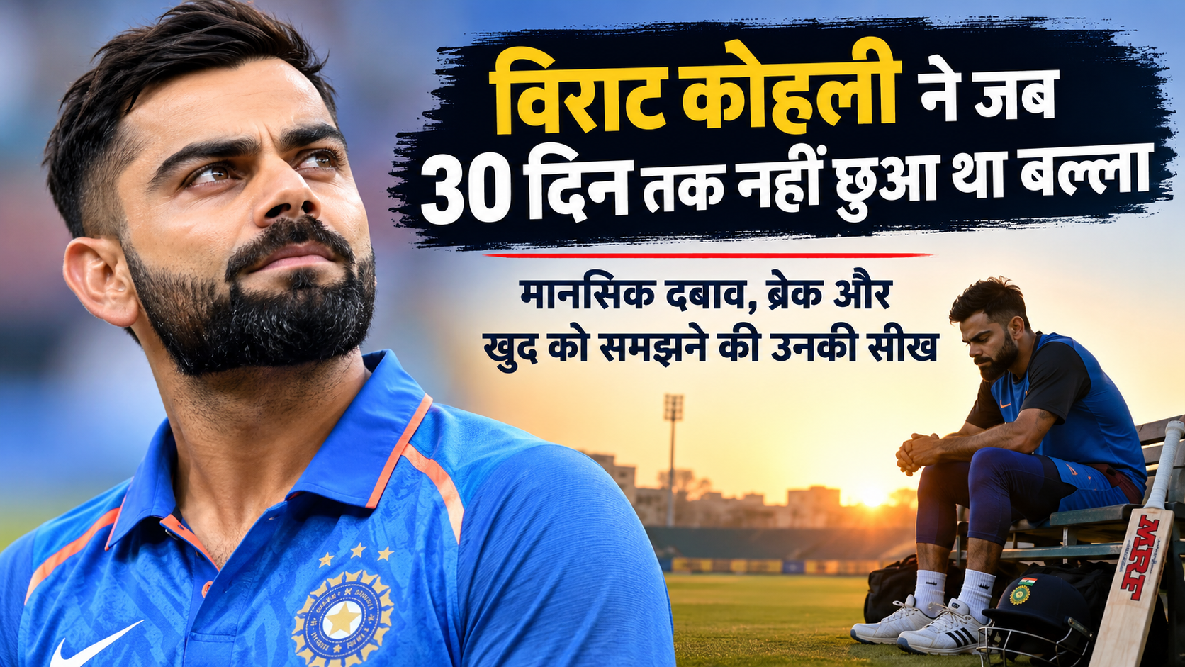 Informational thumbnail: A male Indian cricketer in a blue jersey looks upward pensively; on the right, another image of him sitting with a bat at sunset. Hindi headline about not batting for 30 days and dealing with mental pressure.