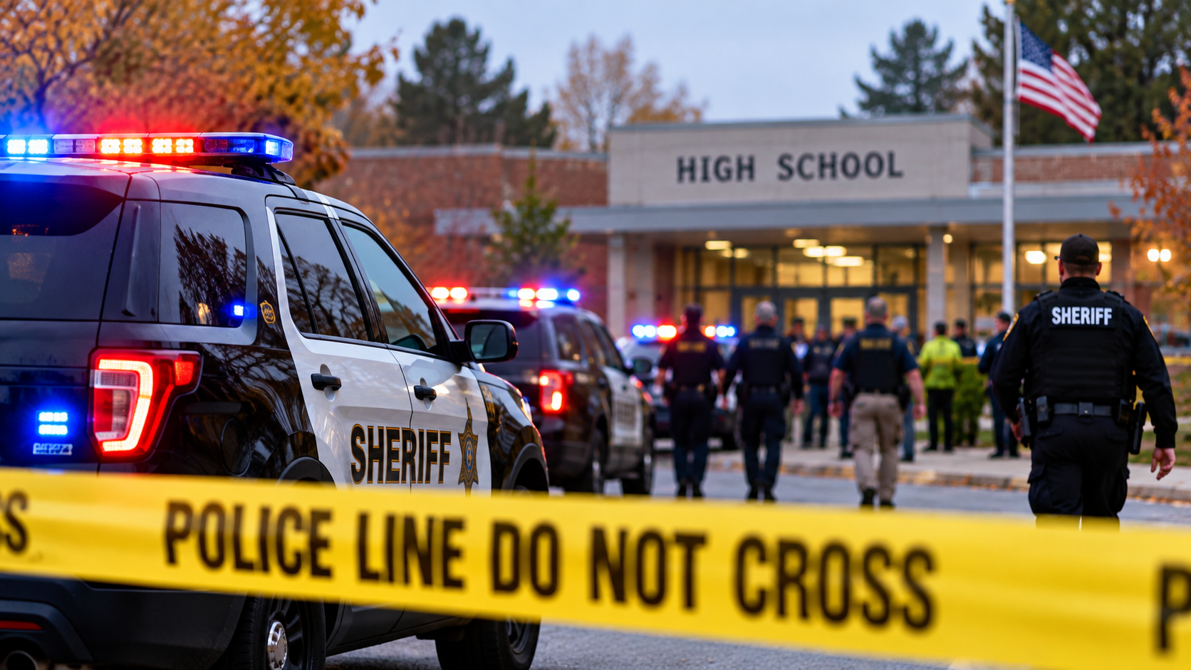 Police cars with flashing lights and a 'Sheriff' decal block a school entrance; yellow 'Do Not Cross' tape marks the scene outside a high school.