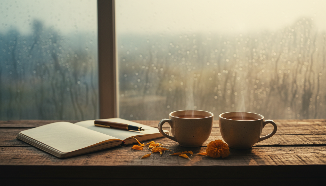 Two cups of tea and an open diary beside a rainy window, symbolising connection and relationships