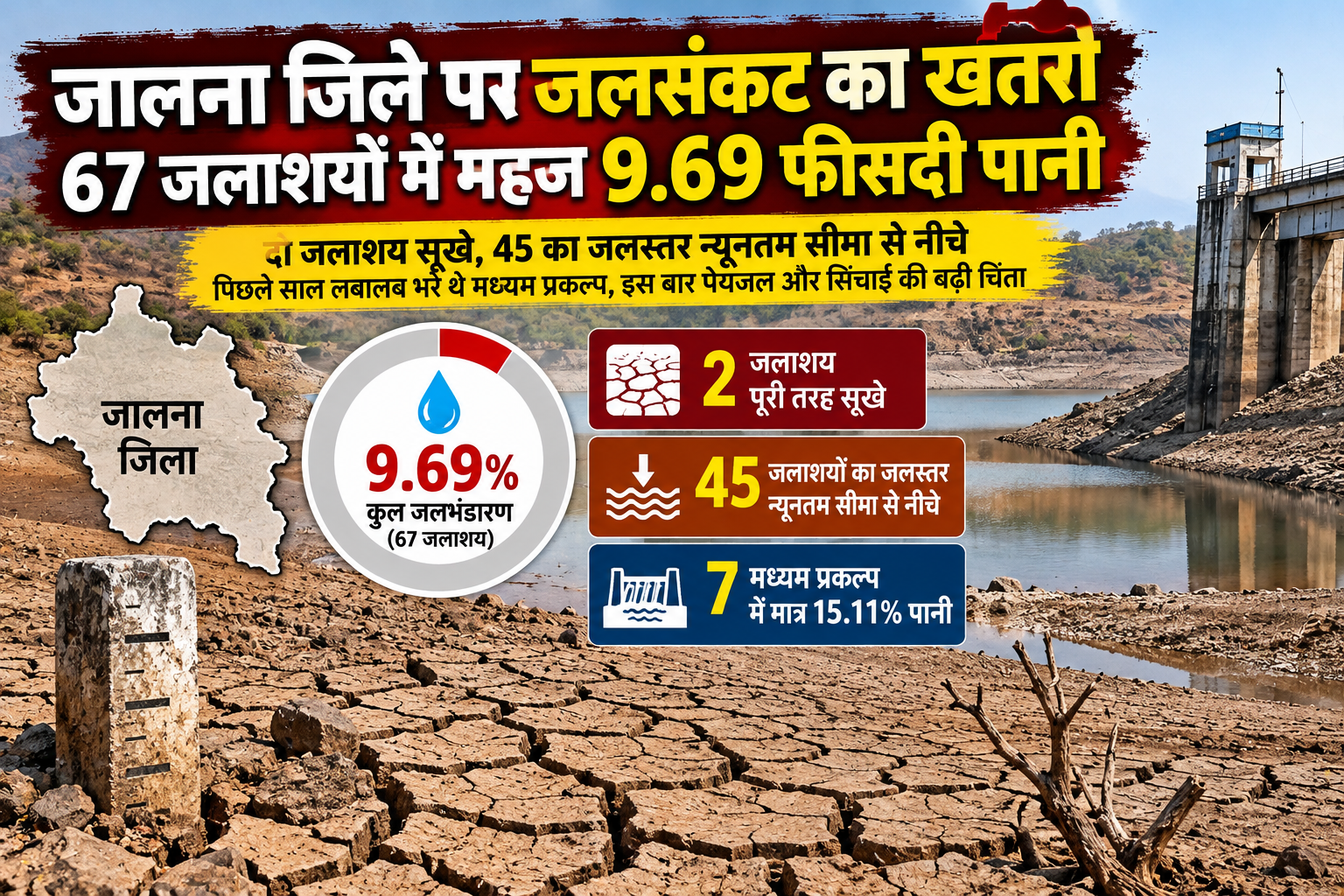 Jalna 67 Reservoirs Water Storage 9 69 Percent October 2026 - NewsNation Online जालना जिले के 67 जलाशयों में 9.69 प्रतिशत जलभंडारण दर्शाने वाला सांकेतिक समाचार इन्फोग्राफिक