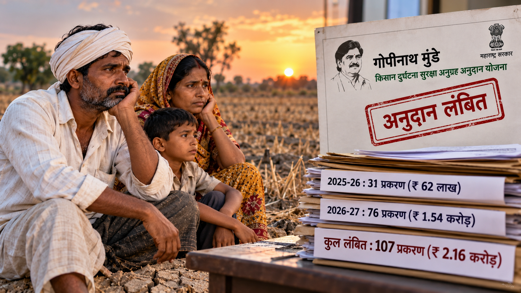 जालना किसान दुर्घटना सहायता लंबित - प्रतीकात्मक चित्र - NewsNation Online सूखे खेत के पास चिंतित ग्रामीण परिवार और लंबित सहायता का प्रतीकात्मक AI चित्र, वास्तविक लाभार्थियों या सरकारी दस्तावेज की तस्वीर नहीं