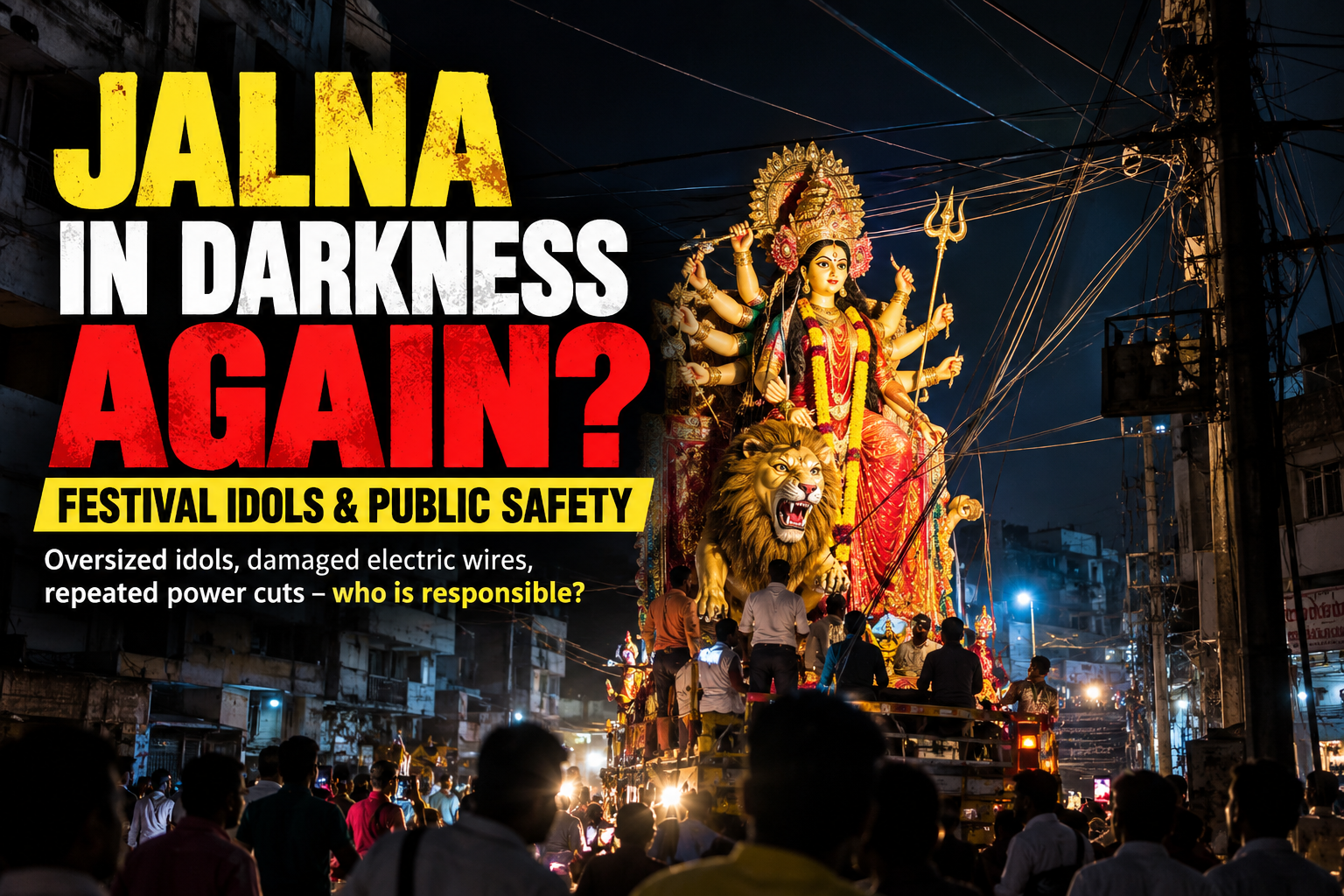 Illustrative graphic of Durga idol procession and overhead electrical cables, not a documentary photograph