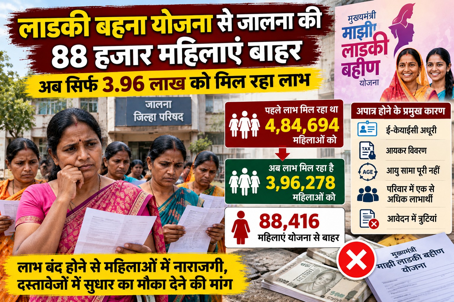 Jalna Ladki Bahin 88416 Beneficiaries Excluded - NewsNation Online जालना लाडकी बहीण योजना में 88,416 महिलाओं का लाभ बंद होने और 3,96,278 लाभार्थी रहने का सांकेतिक इन्फोग्राफिक