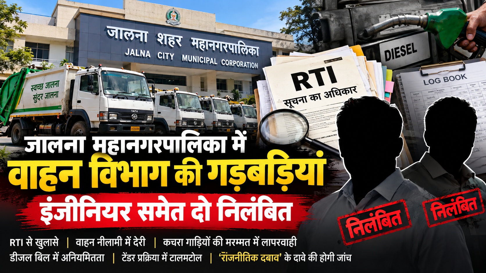 जालना महानगरपालिका वाहन विभाग में दो निलंबित - NewsNation Online जालना महानगरपालिका वाहन विभाग में RTI शिकायत के बाद इंजीनियर समेत दो कर्मचारियों के निलंबन पर सांकेतिक चित्र