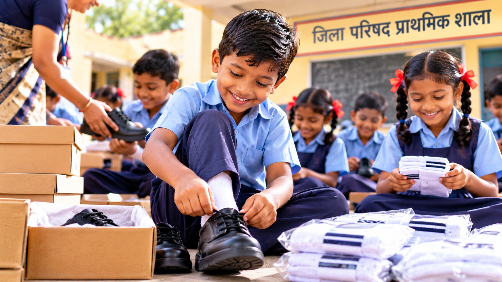 जालना विद्यार्थियों को मुफ्त जूते-मोजे योजना - प्रतीकात्मक चित्र - NewsNation Online Group of schoolchildren in blue uniforms tie black shoes and sort boxes of footwear outdoors at a school.