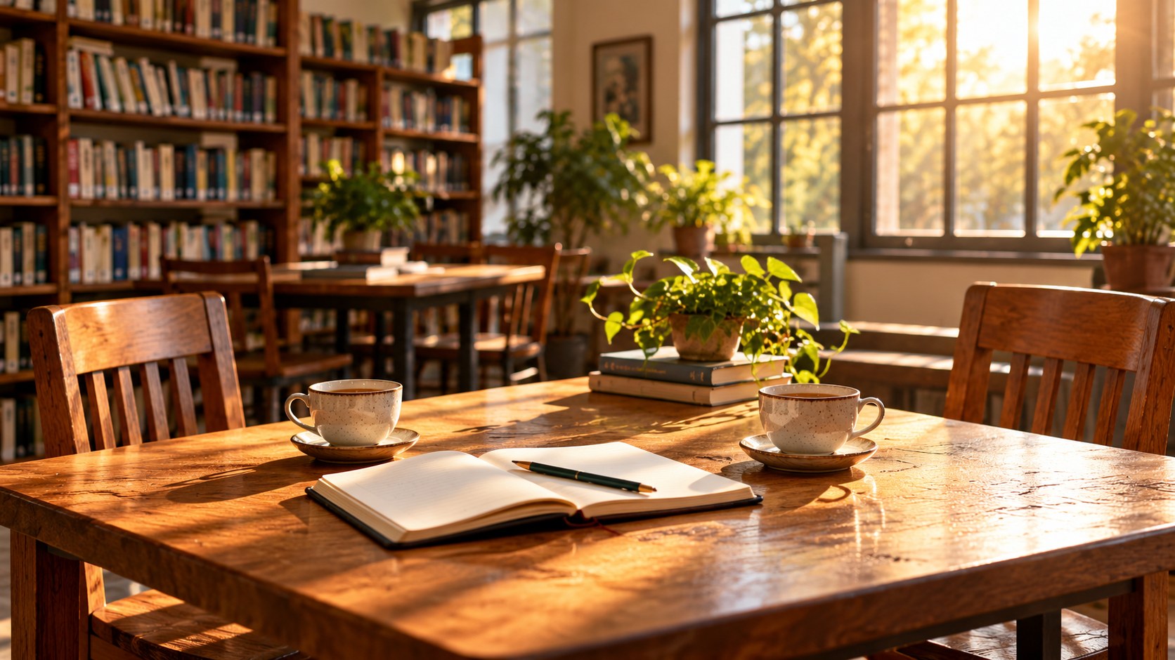 Sunlit library reading table with books, two cups and an open notebook, evoking a welcoming space for learning.
