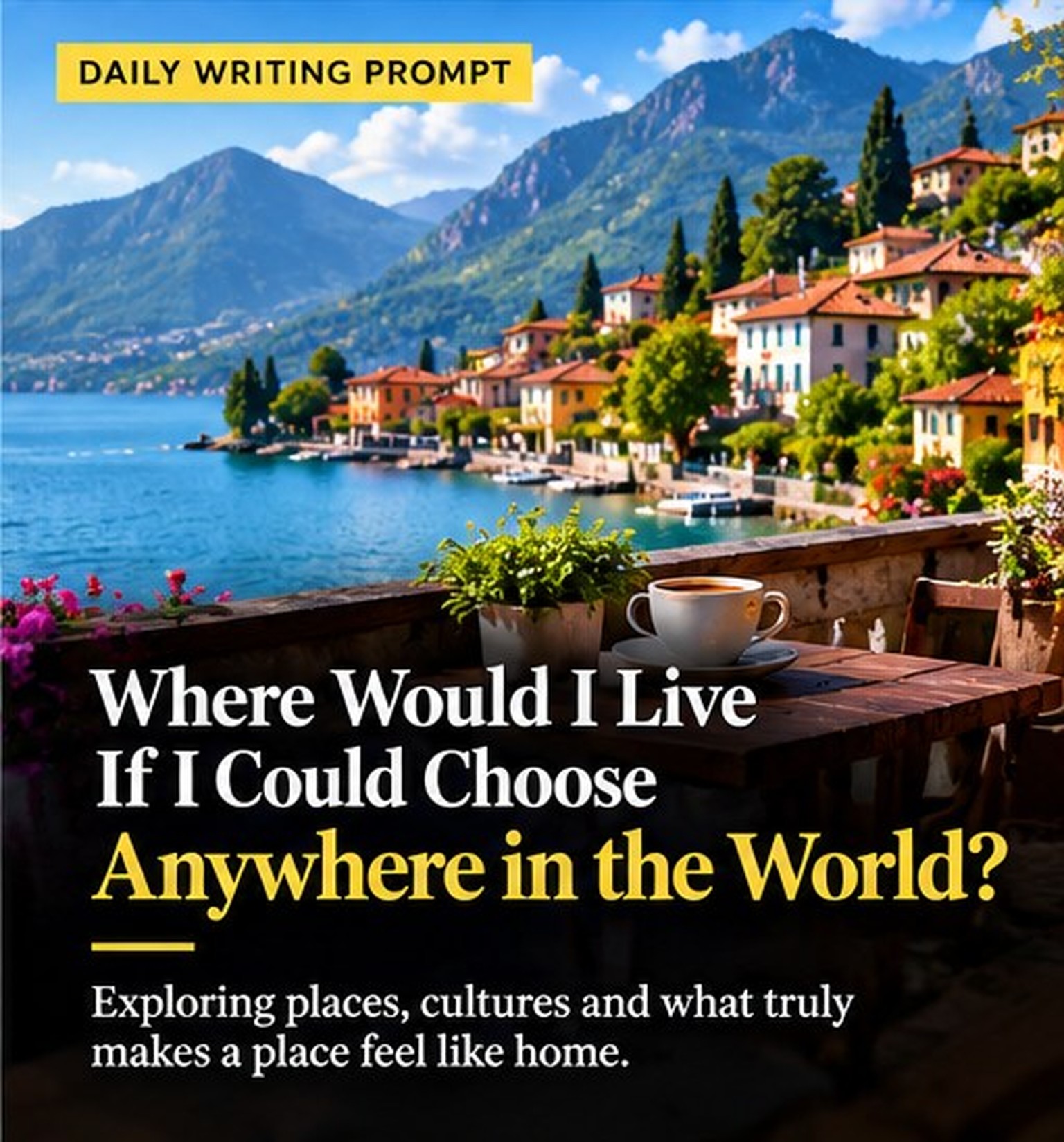 Peaceful lakeside town surrounded by mountains and greenery