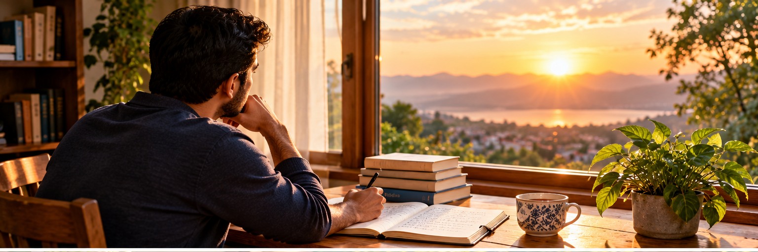 Person journaling at a sunlit window, reflecting on listening, gratitude and time