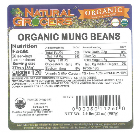 Natural Grocers Organic Mung Beans — FDA Recall Label - NewsNation Online FDA-posted product label for Natural Grocers organic mung beans recalled for potential glass contamination