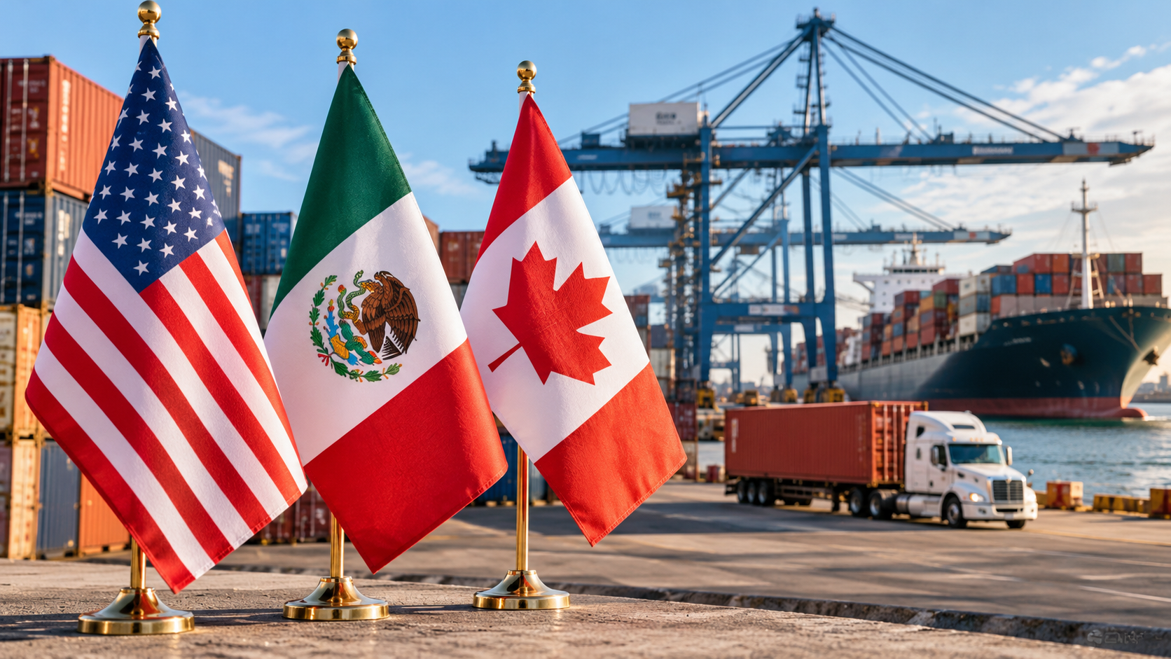 Illustration of United States, Mexico and Canada flags at a commercial shipping port