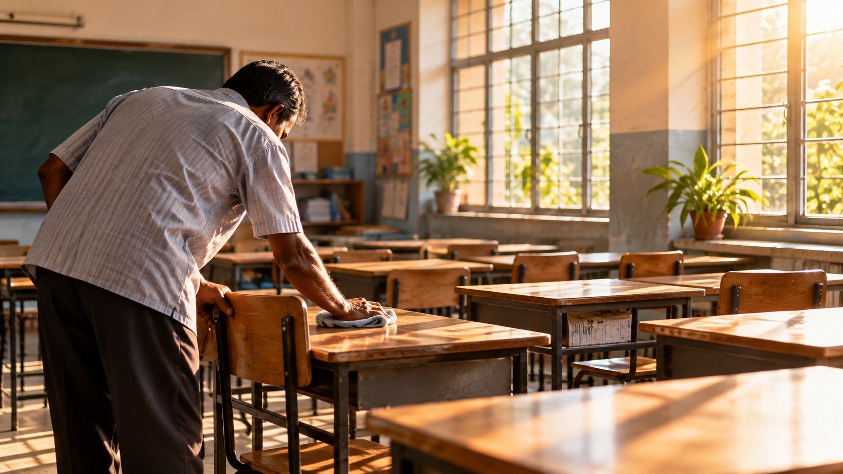 School support worker carefully cleaning a classroom desk in warm morning sunlight before students arrive