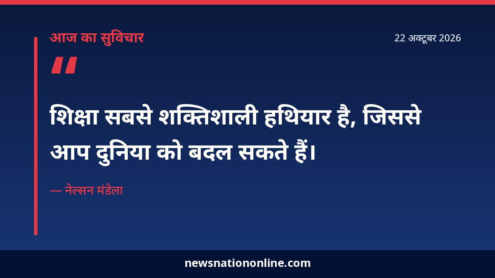 आज का सुविचार: शिक्षा सबसे शक्तिशाली हथियार है — नेल्सन मंडेला का कोटेशन कार्ड