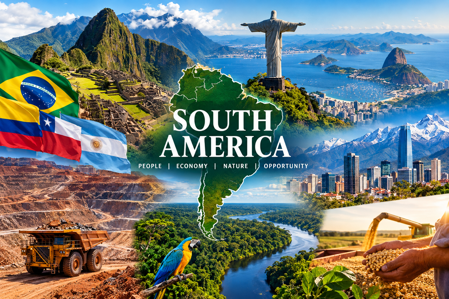 Illustrated collage of South American landmarks, mountains, mining, agriculture and rainforest