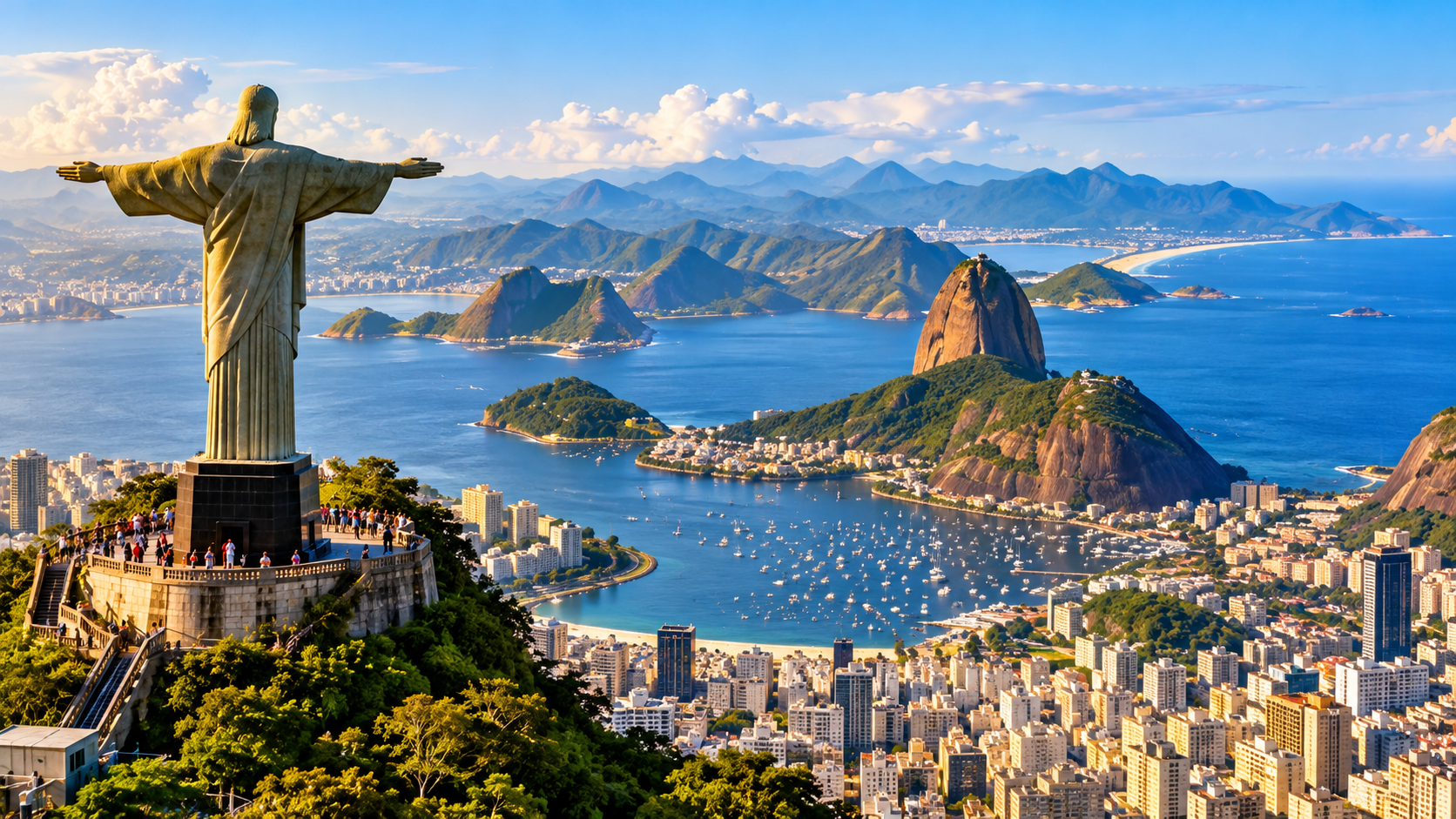 Illustrated panoramic view of Rio de Janeiro with Christ the Redeemer, Guanabara Bay and surrounding mountains