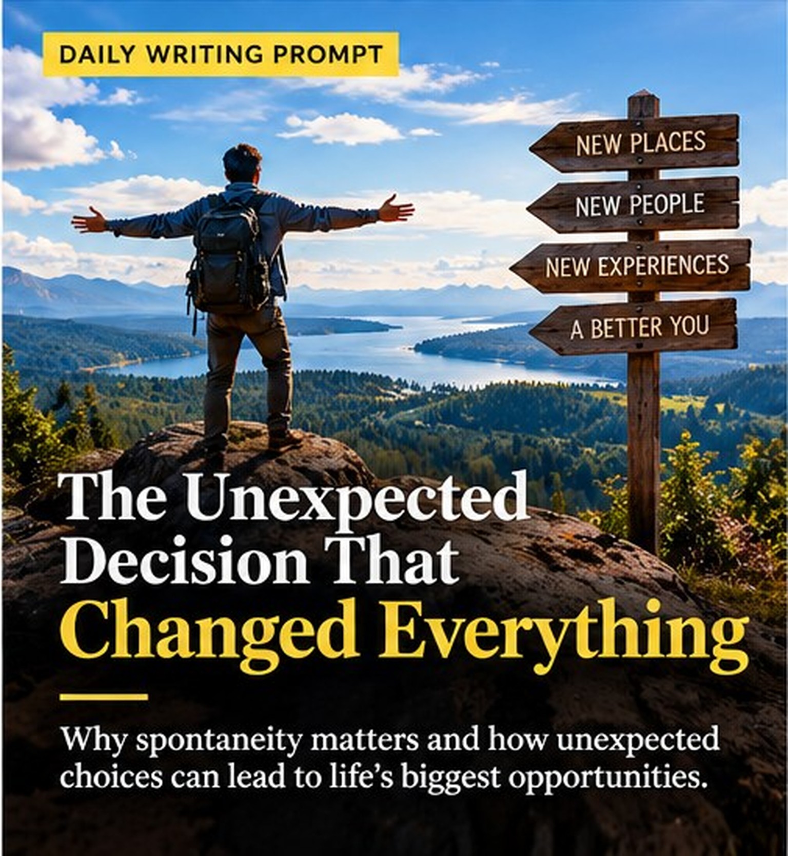 Traveler at a mountain crossroads looking toward new experiences