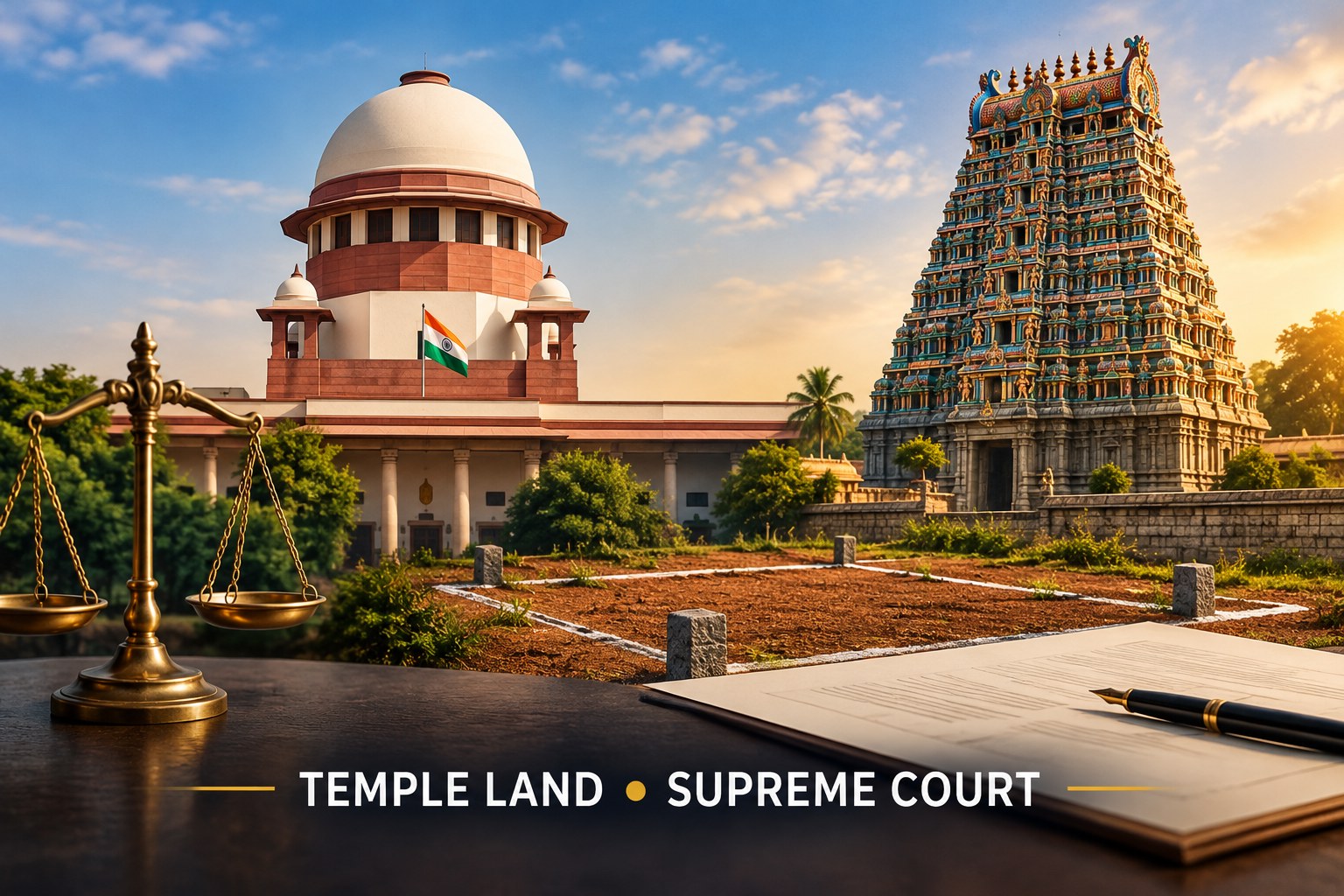 Temple complex with a white domed building beside a colorful multi-tiered temple tower, an Indian flag, and a brass balance scale in the foreground on a desk.