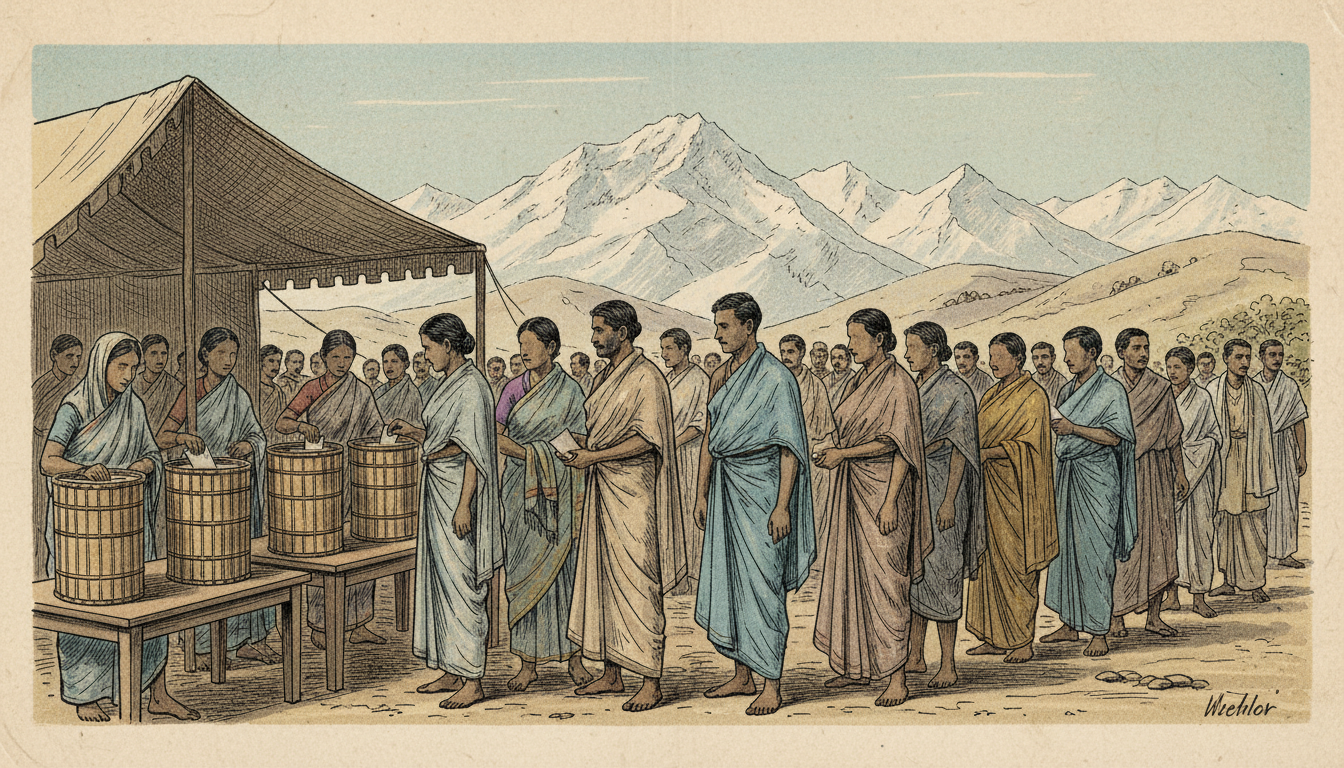 Editorial illustration of voters queuing at an early Indian general election polling station in 1951